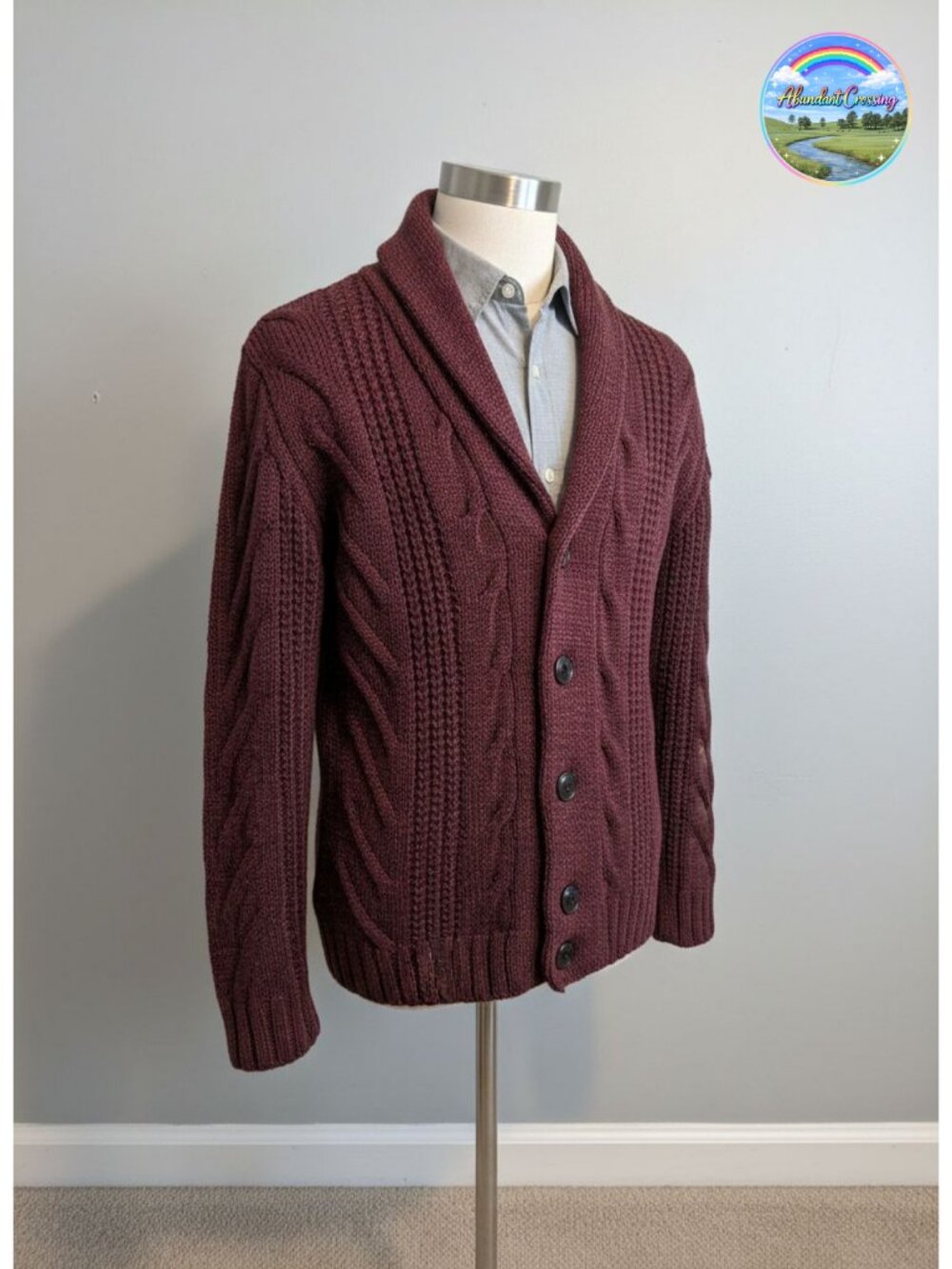 Mens Cable Knit Cardigan Sweater Shawl Collar Acrylic Blend